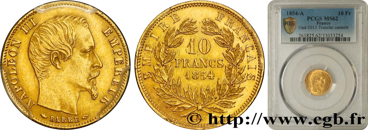 10 francs or Napoléon III tête nue, petit module 1854 Paris F.505A/1 VZ62 PCGS