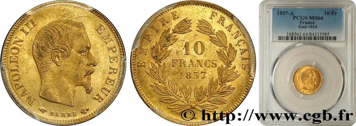 10 francs or Napoléon III, tête nue 1857 Paris F.506/4 SPL64 PCGS