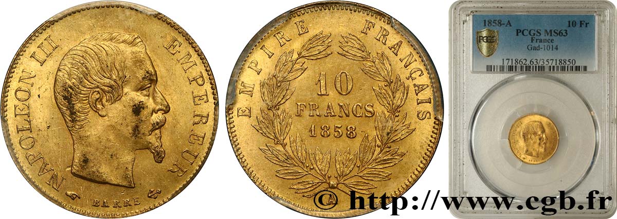 10 francs or Napoléon III, tête nue 1858 Paris F.506/5 MS63 PCGS