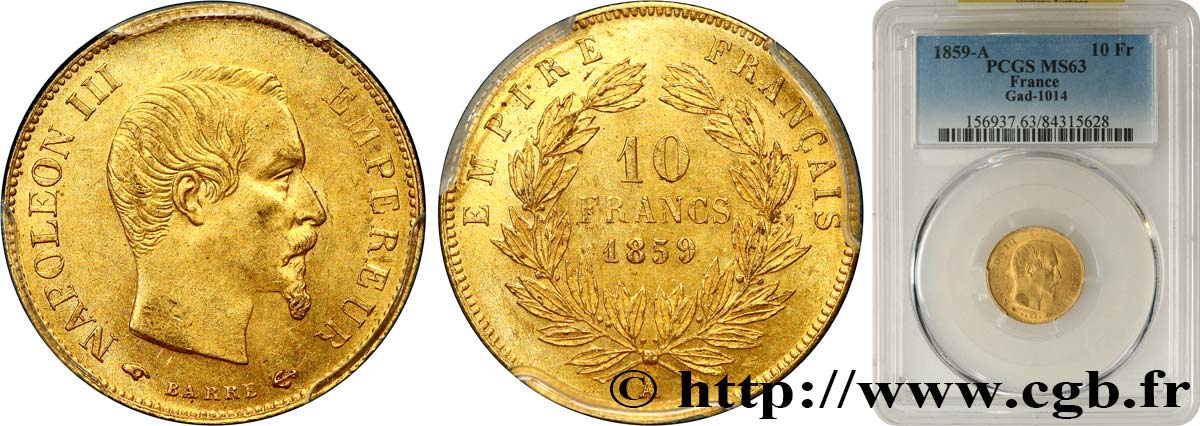 10 francs or Napoléon III, tête nue 1859 Paris F.506/7 MS63 PCGS