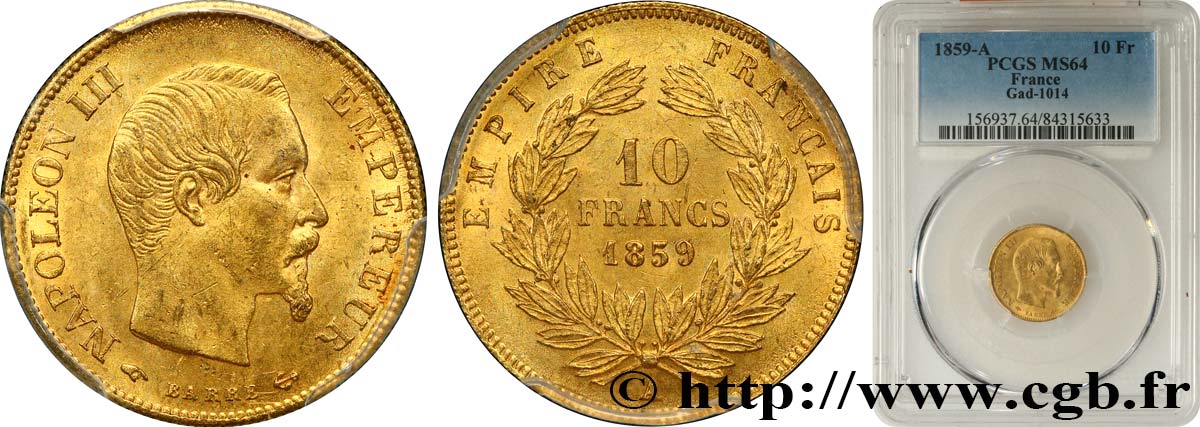 10 francs or Napoléon III, tête nue 1859 Paris F.506/7 MS64 PCGS