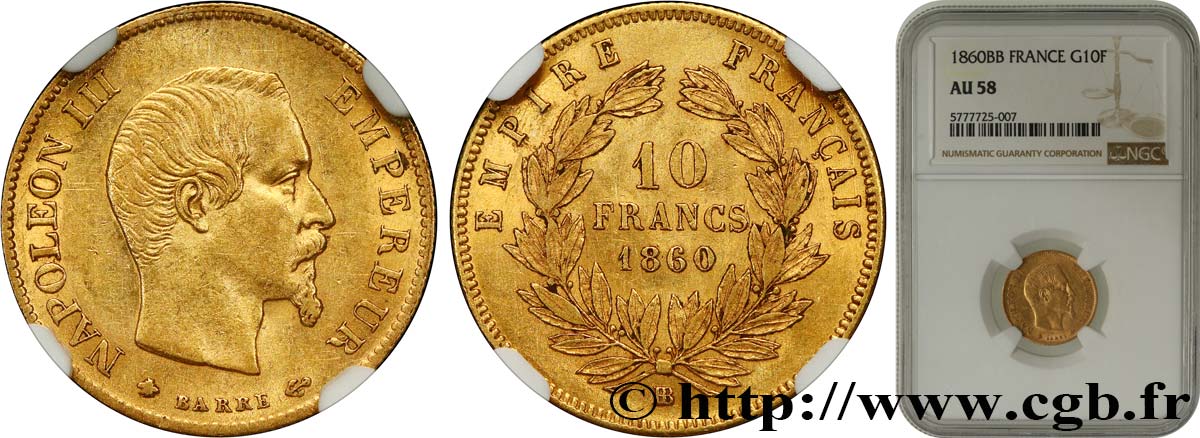 10 francs or Napoléon III, tête nue 1860 Strasbourg F.506/11 SUP58 NGC