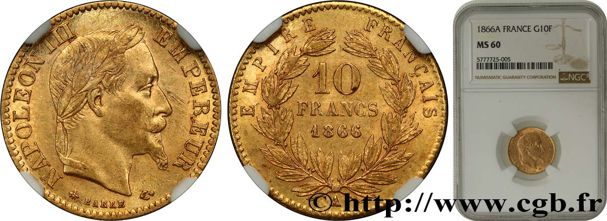 10 francs or Napoléon III, tête laurée 1866 Paris F.507A/12 VZ60 NGC