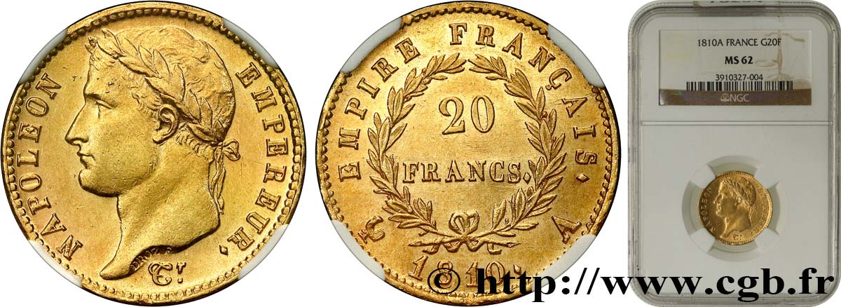 20 francs or Napoléon tête laurée, Empire français 1810 Paris F.516/9 SUP62 NGC