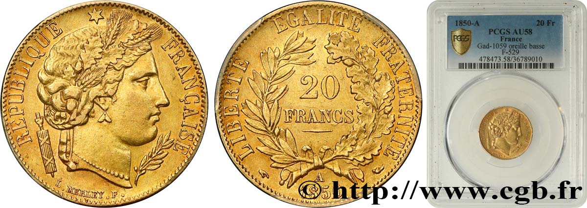 20 francs or Cérès 1850 Paris F.529/3 SPL58 PCGS