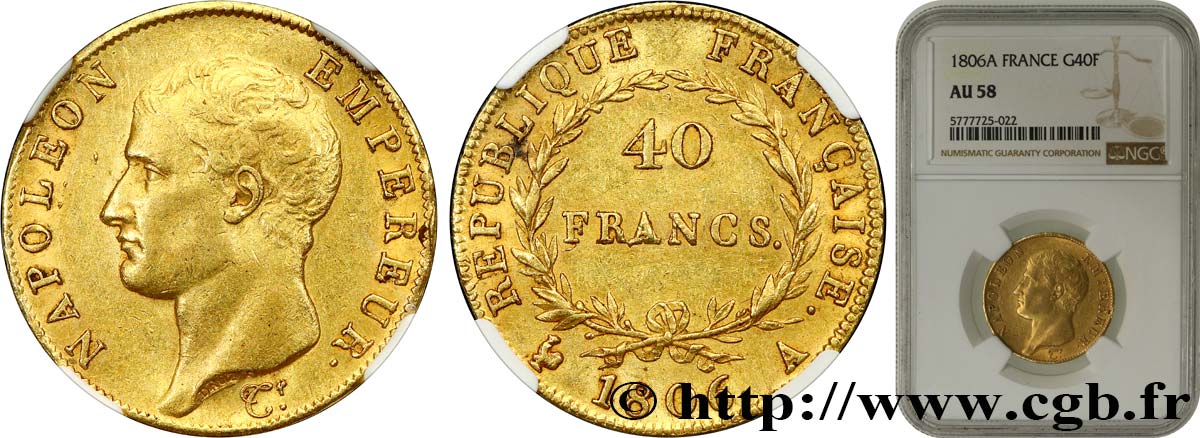 40 francs or Napoléon tête nue, Calendrier grégorien 1806 Paris F.538/1 EBC58 NGC