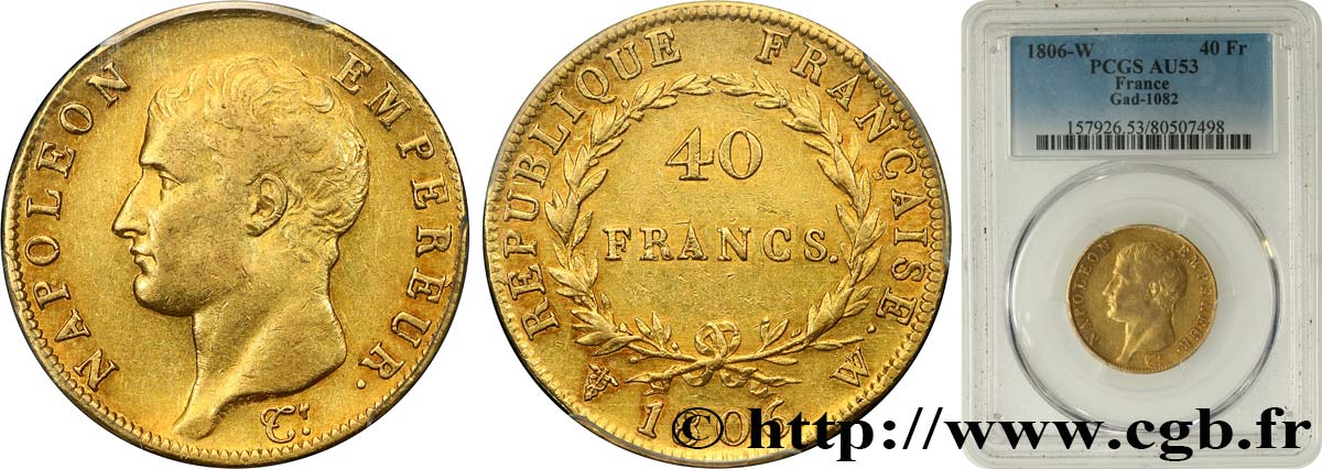 40 francs or Napoléon tête nue, Calendrier grégorien 1806 Lille F.538/5 SS53 PCGS