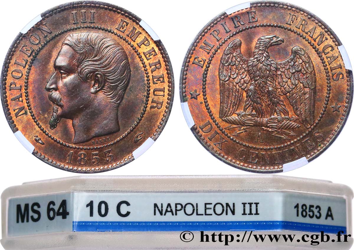 Dix centimes Napoléon III, tête nue 1853 Paris F.133/2 fST64 GENI