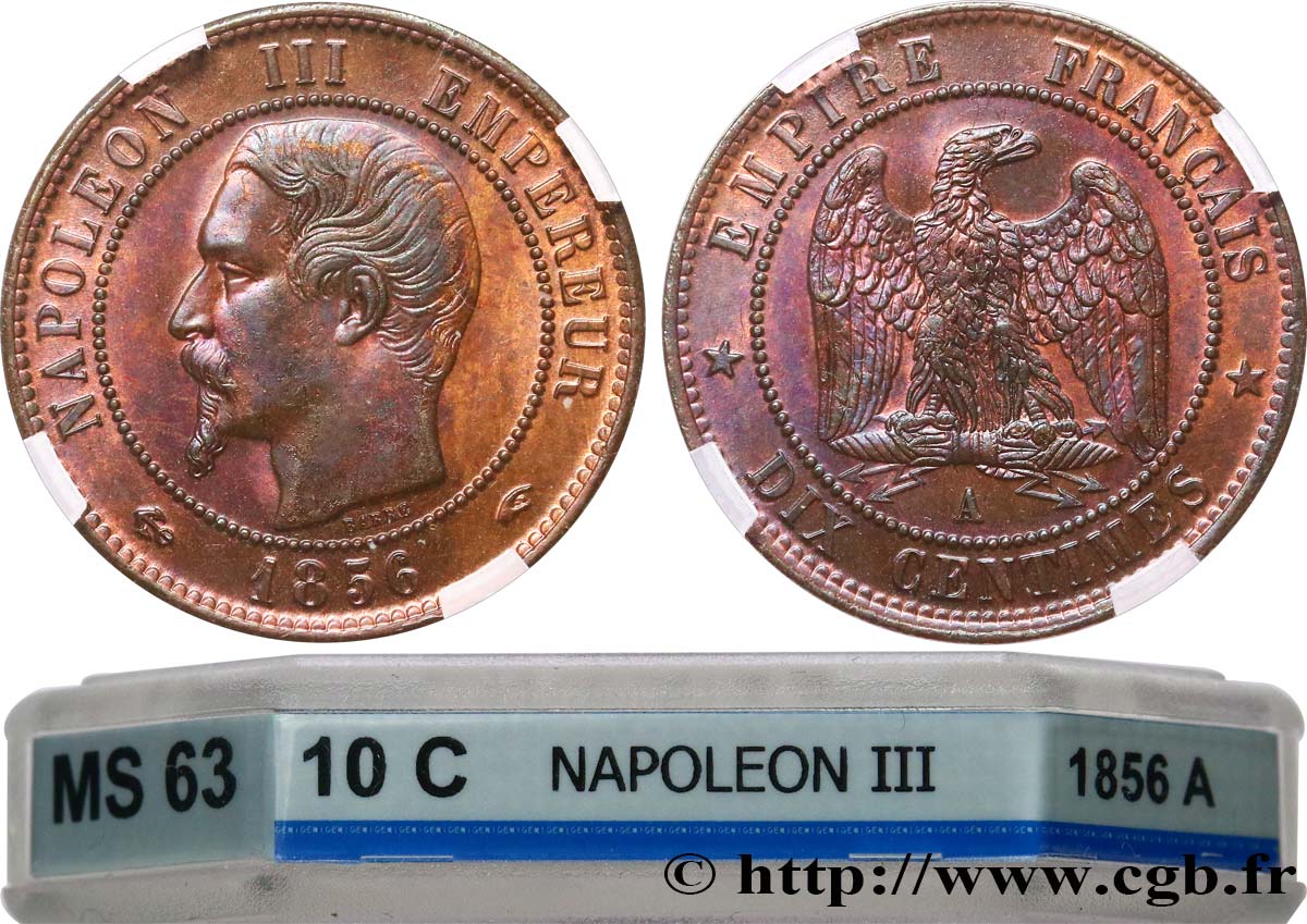 Dix centimes Napoléon III, tête nue 1856 Paris F.133/34 SPL63 GENI