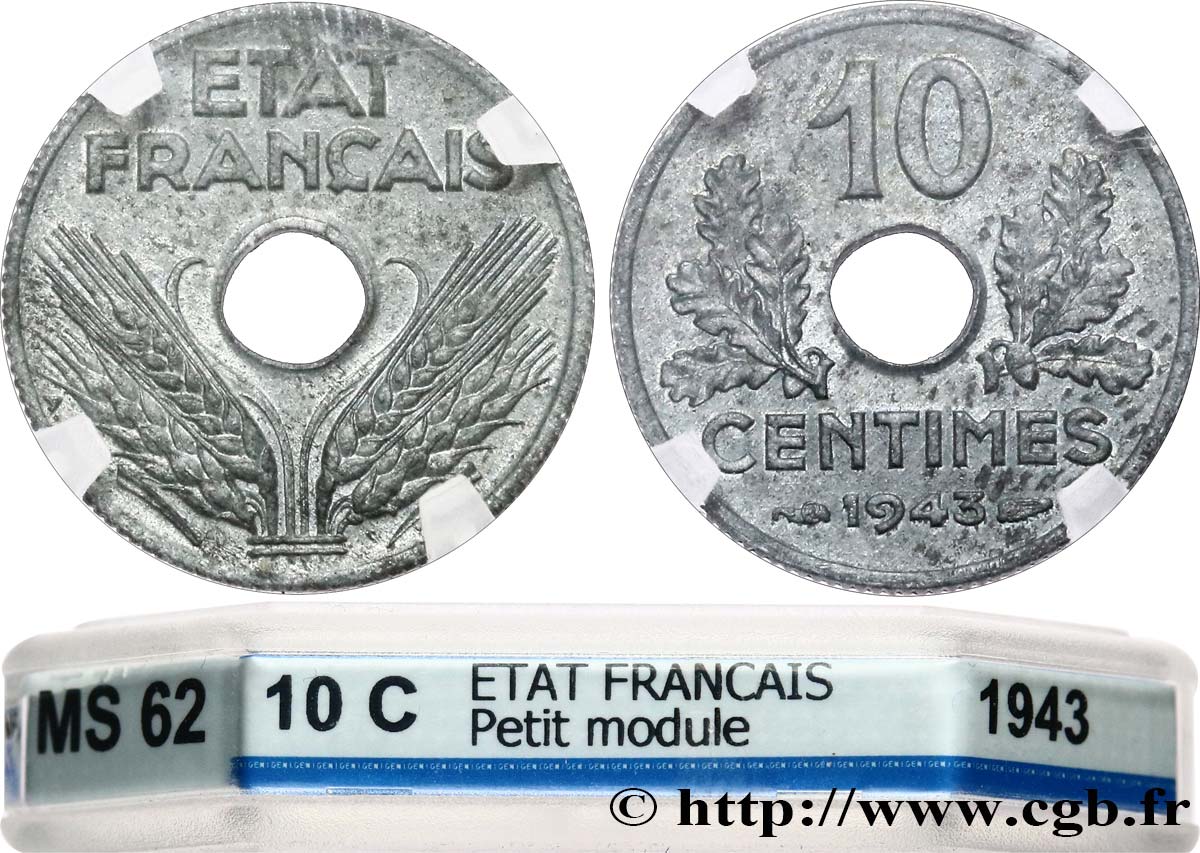10 centimes État français, petit module 1943  F.142/2 EBC62 GENI