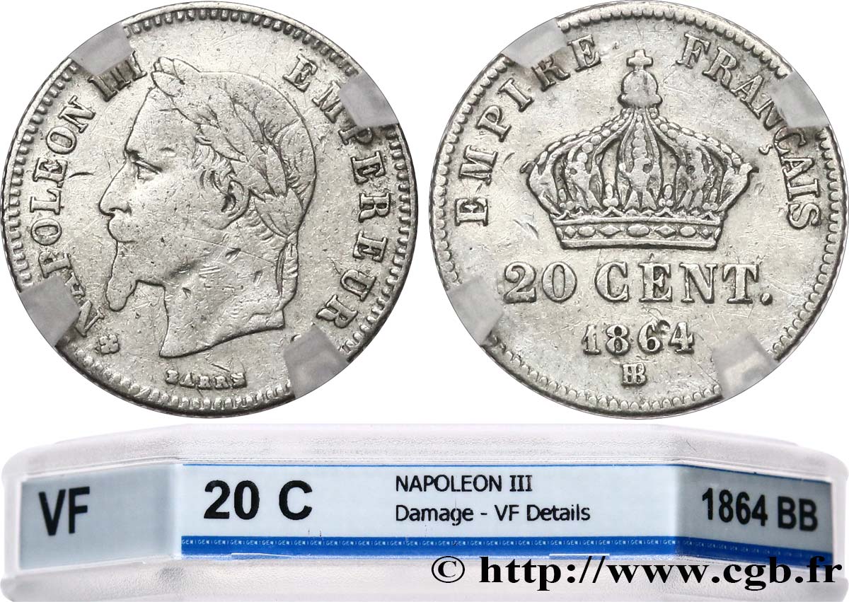 20 centimes Napoléon III, tête laurée, petit module 1864 Strasbourg F.149/2 VF GENI