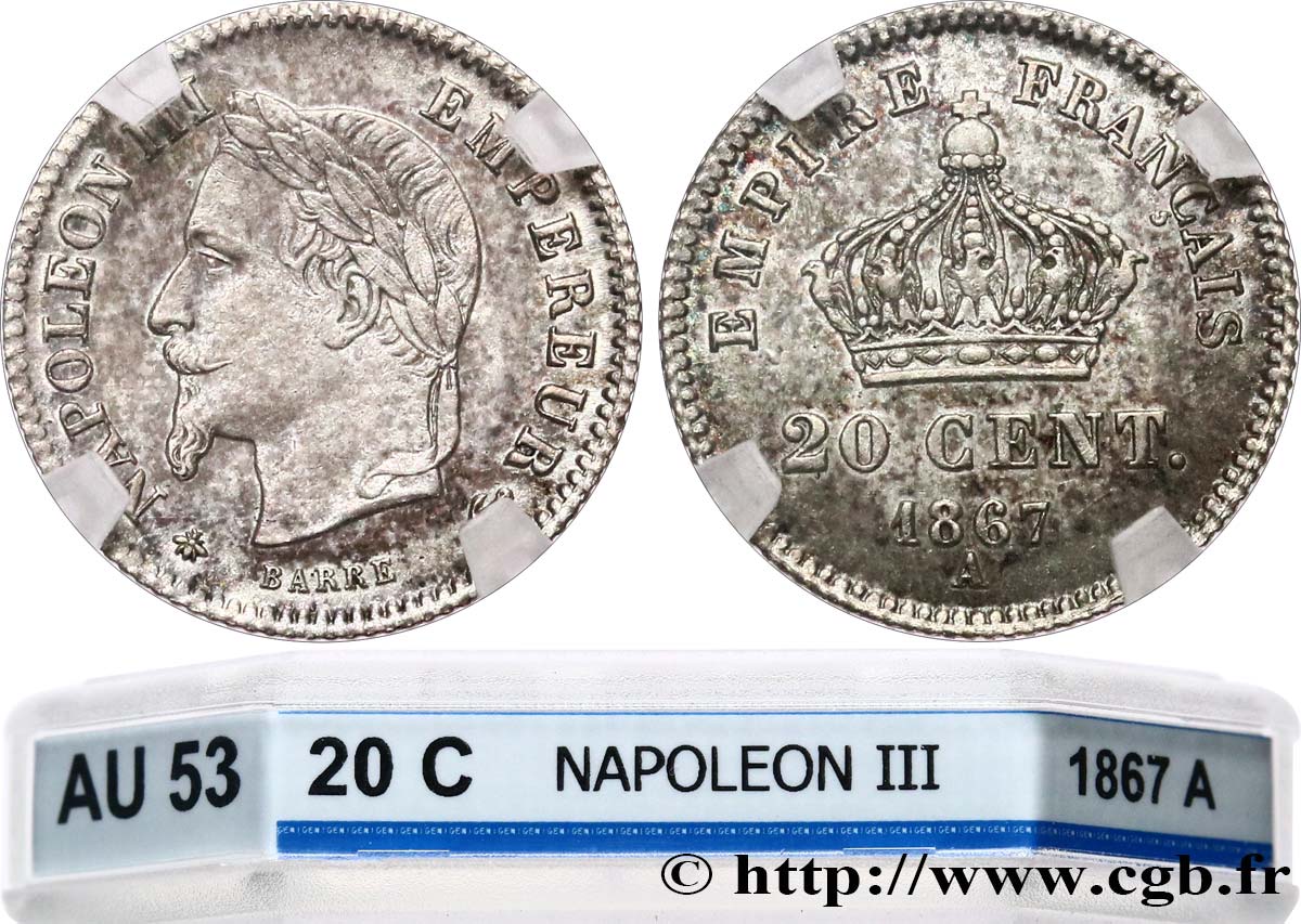 20 centimes Napoléon III, tête laurée, grand module 1867 Paris F.150/1 AU53 GENI