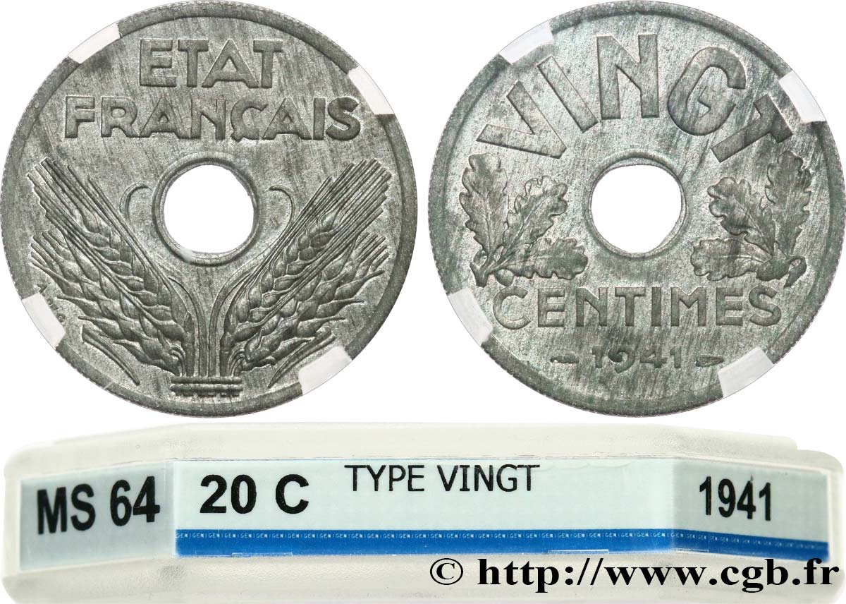 VINGT centimes État français 1941  F.152/2 SPL64 GENI