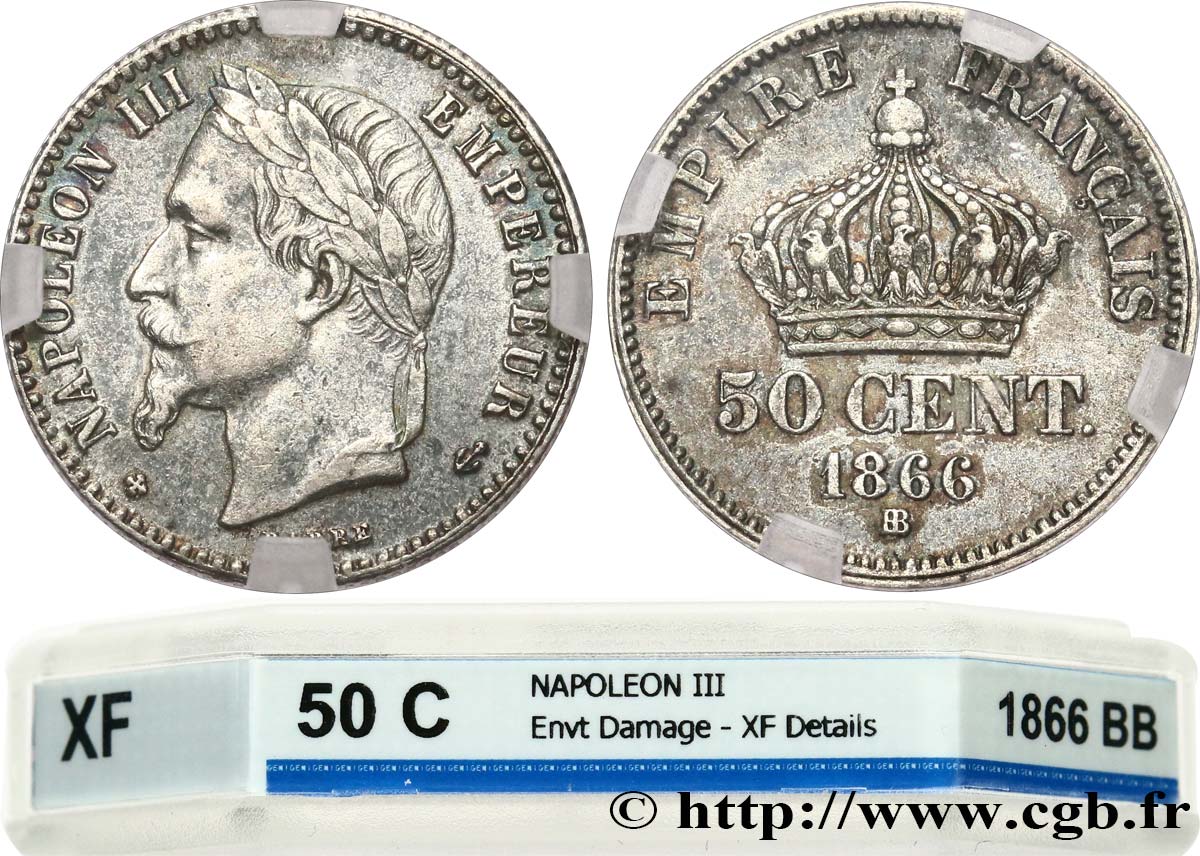 50 centimes Napoléon III, tête laurée 1866 Strasbourg F.188/10 MBC GENI