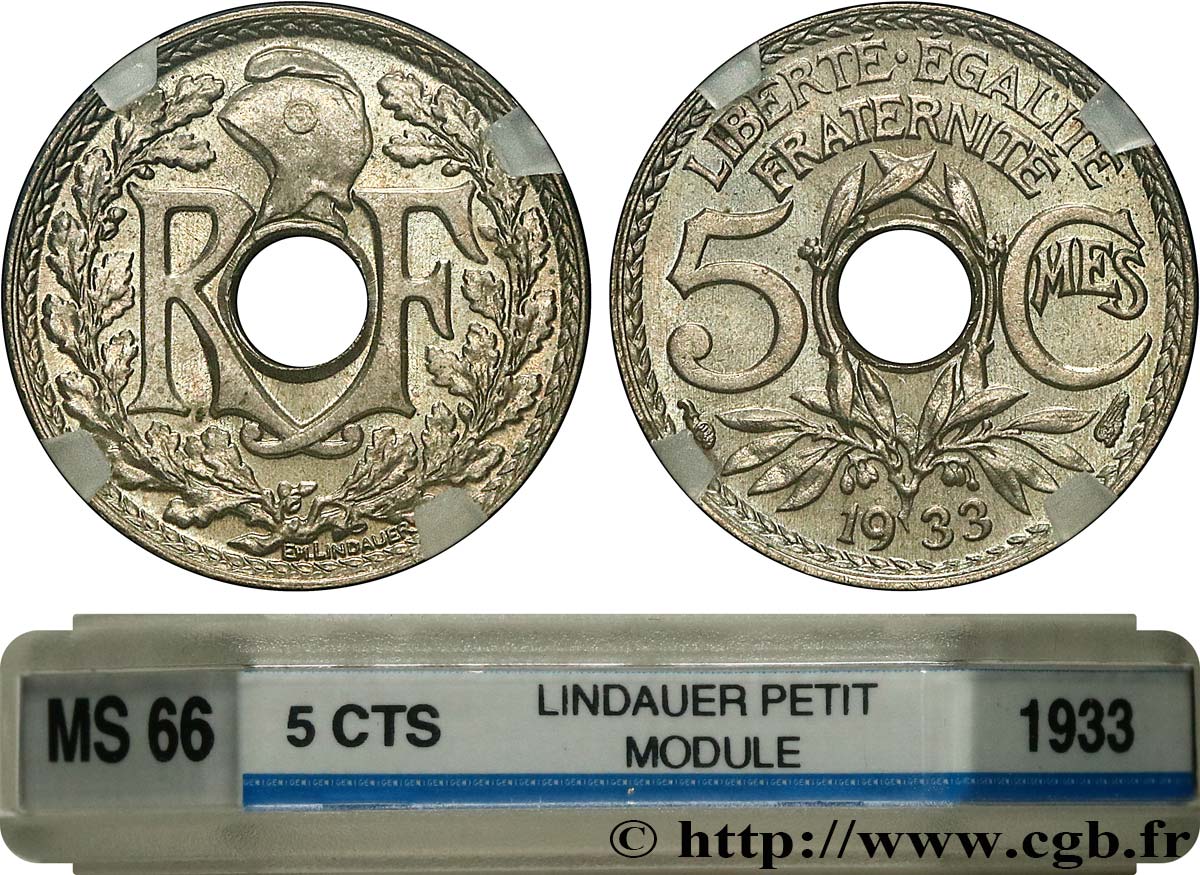 5 centimes Lindauer, petit module 1933 Paris F.122/16 MS66 GENI