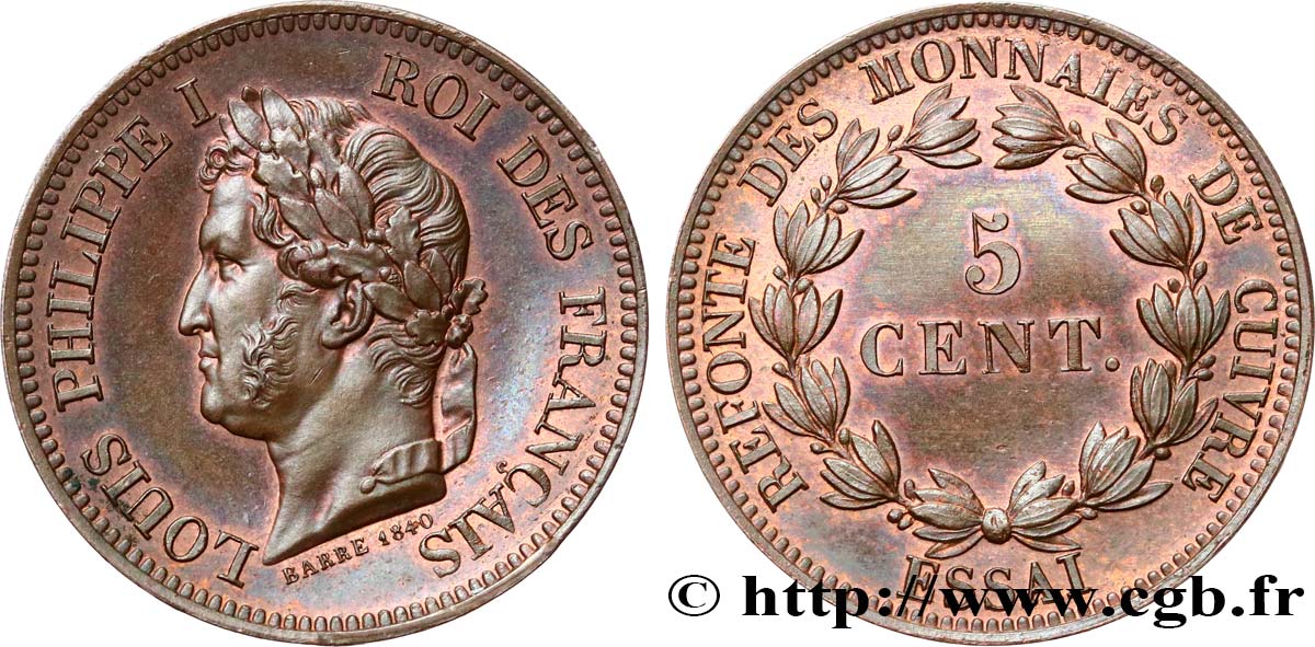 Essai de 5 centimes en bronze, signature BARRE 1840 1840  VG.2917  SPL63 
