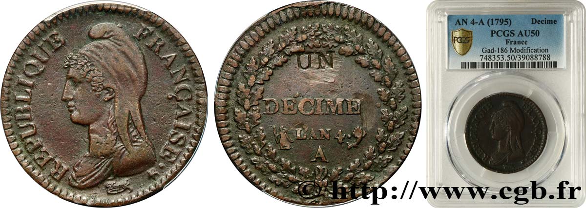Un décime Dupré, modification du 2 décimes 1796 Paris F.127/1 BB50 PCGS
