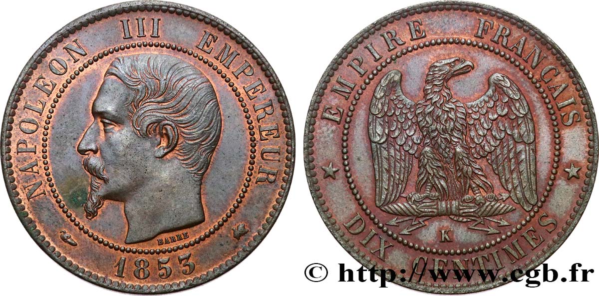 Dix centimes Napoléon III, tête nue 1853 Bordeaux F.133/7 VZ62 