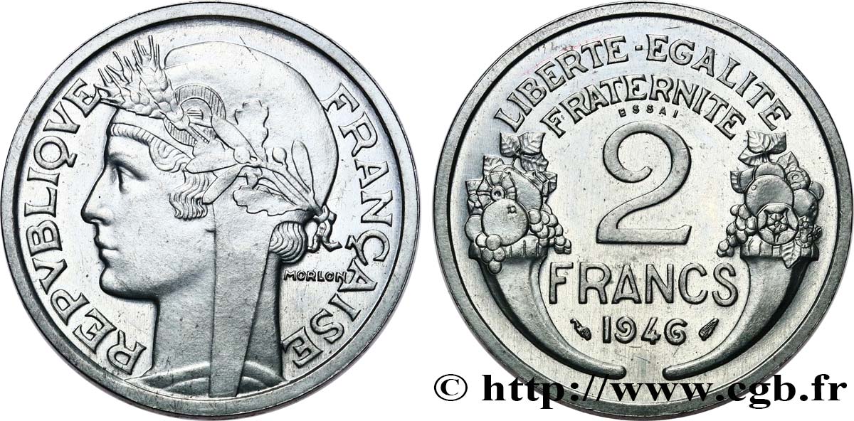 Essai-piéfort de 2 francs Morlon en aluminium 1946 Paris GEM.117 EP SC 