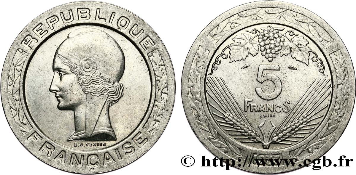 Concours de 5 francs, essai de Vézien, en nickel 1933 Paris GEM.139 1 AU58 