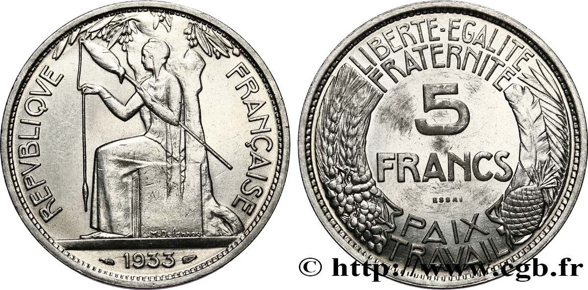 Concours de 5 francs, essai de Delannoy 1933 Paris GEM.136 1 EBC+ 