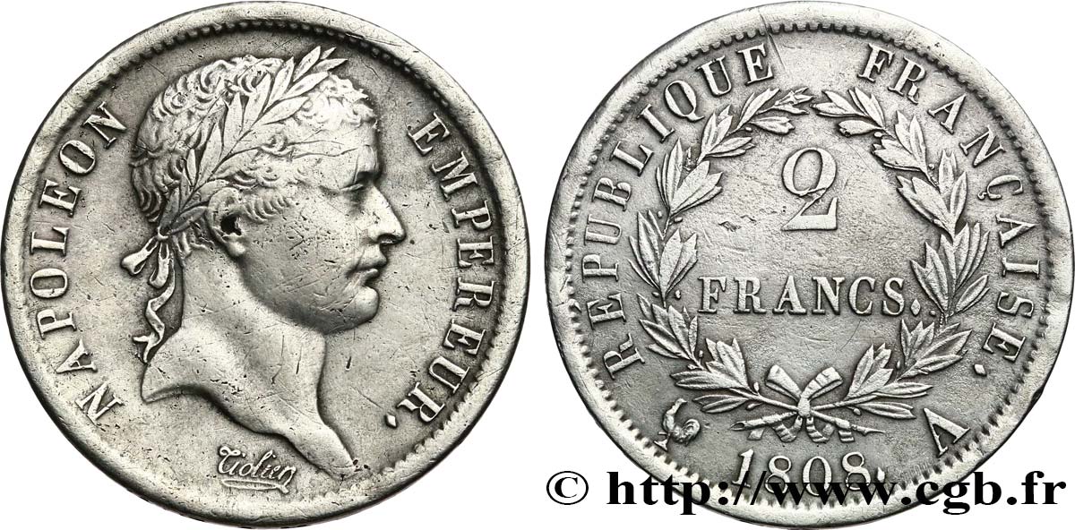 2 francs Napoléon Ier tête laurée, République française 1808 Paris F.254/4 SS 
