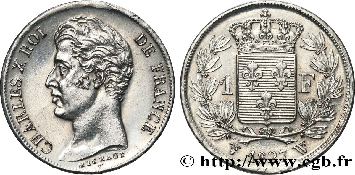 1 franc Charles X, matrice du revers à cinq feuilles 1827 Lille F.207/36 SUP+ 