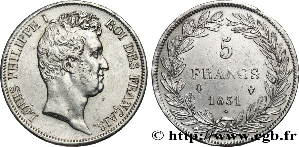 5 francs type Tiolier avec le I, tranche en creux 1831 Perpignan F.315/25 TTB+ 