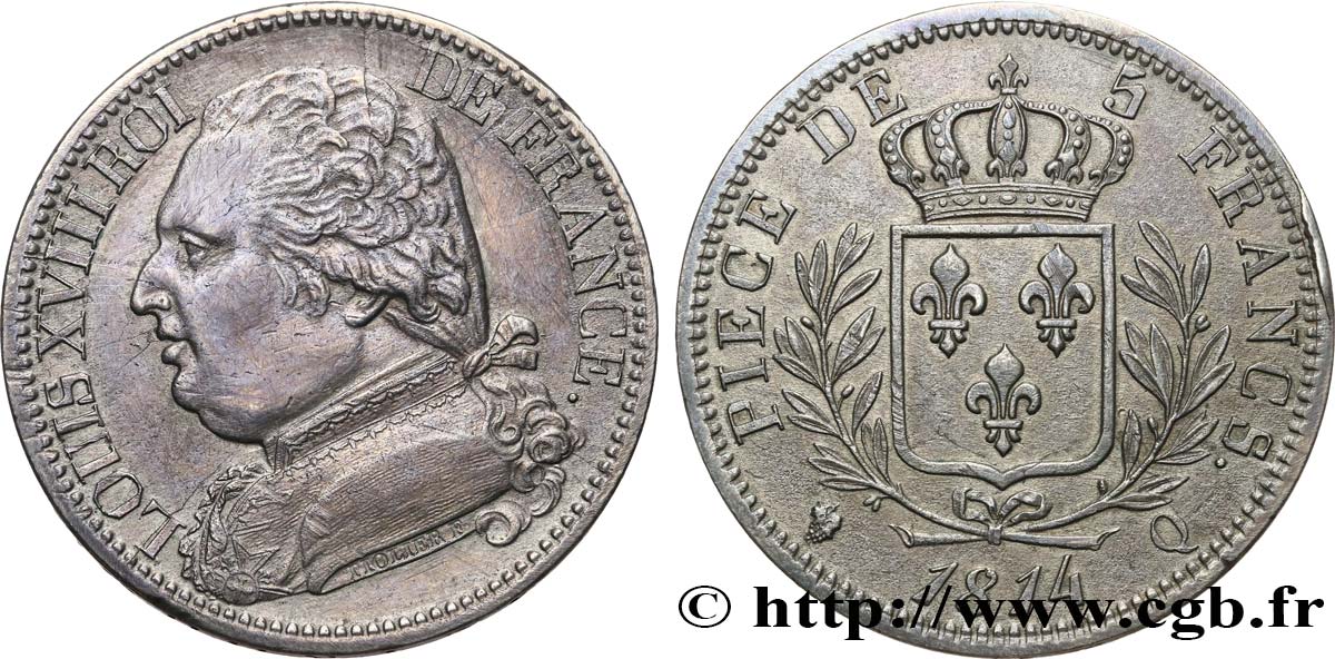 5 francs Louis XVIII, buste habillé 1814 Perpignan F.308/11 TTB+ 