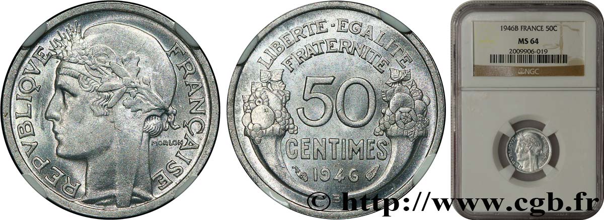 50 centimes Morlon, légère 1946 Beaumont-le-Roger F.194/9 MS64 NGC
