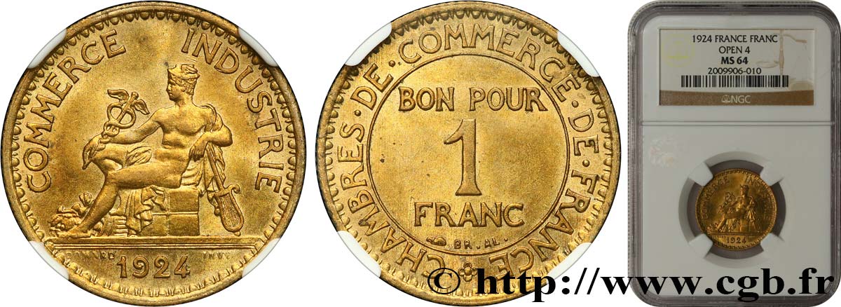 1 franc Chambres de Commerce 1924 Paris F.218/6 fST64 NGC