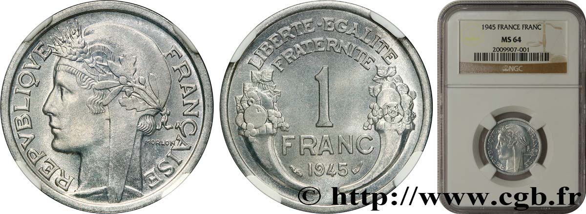 1 franc Morlon, légère 1945  F.221/6 MS64 NGC