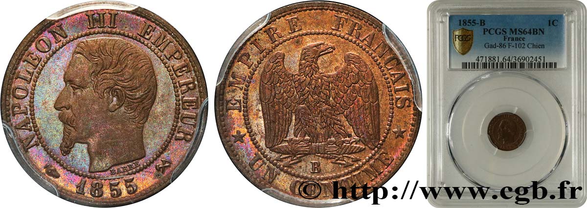 Un centime Napoléon III, tête nue 1855 Rouen F.102/17 SPL64 PCGS