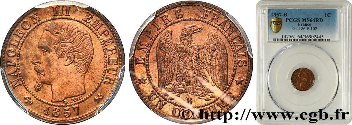 Un centime Napoléon III, tête nue 1857 Rouen F.102/34 MS64 PCGS