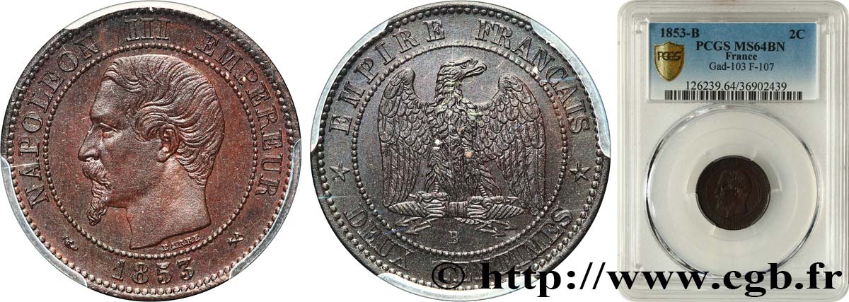Deux centimes Napoléon III, tête nue 1853 Rouen F.107/2 SPL64 PCGS