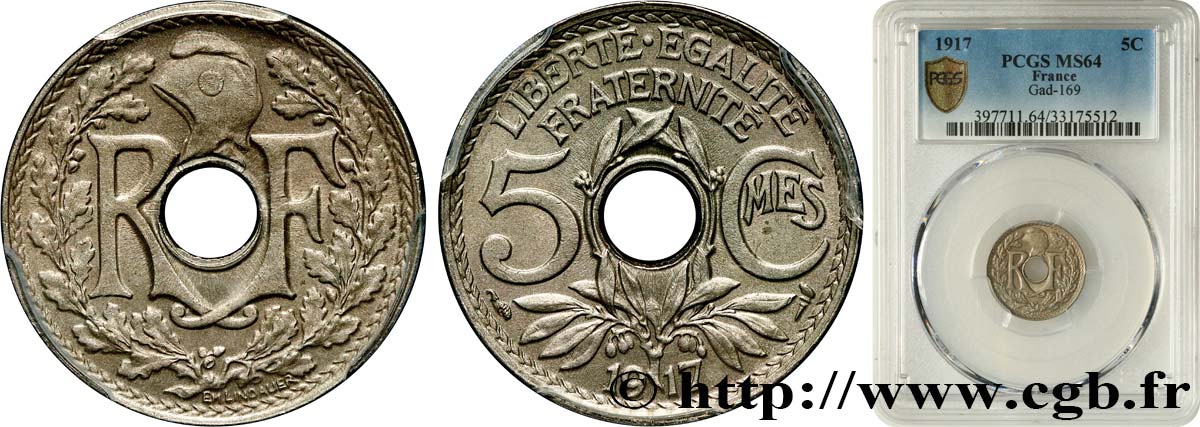 5 centimes Lindauer, grand module 1917 Paris F.121/1 SPL64 PCGS