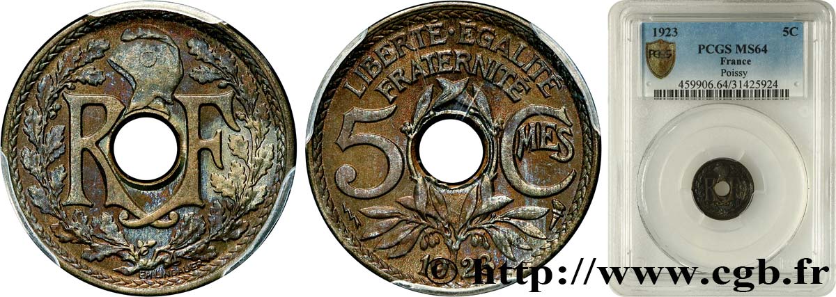 5 centimes Lindauer, petit module 1923 Poissy F.122/7 SPL64 PCGS