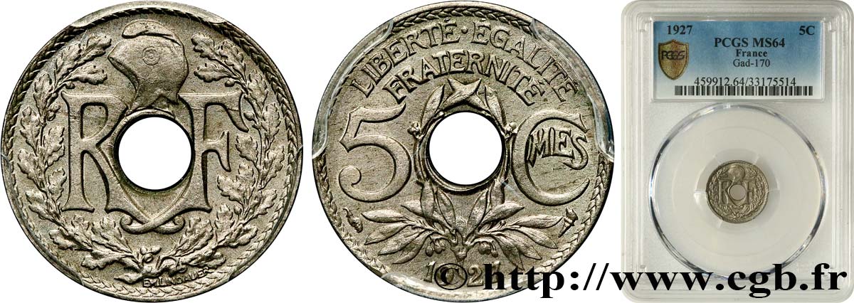 5 centimes Lindauer, petit module 1927  F.122/12 SPL64 PCGS