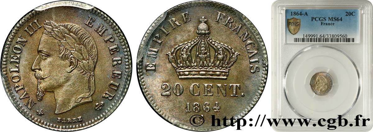 20 centimes Napoléon III, tête laurée, petit module 1864 Paris F.149/1 SPL64 PCGS