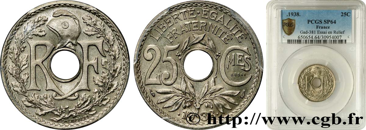 Essai de 25 centimes Lindauer, maillechort 1938 Paris F.172/1 SC64 PCGS