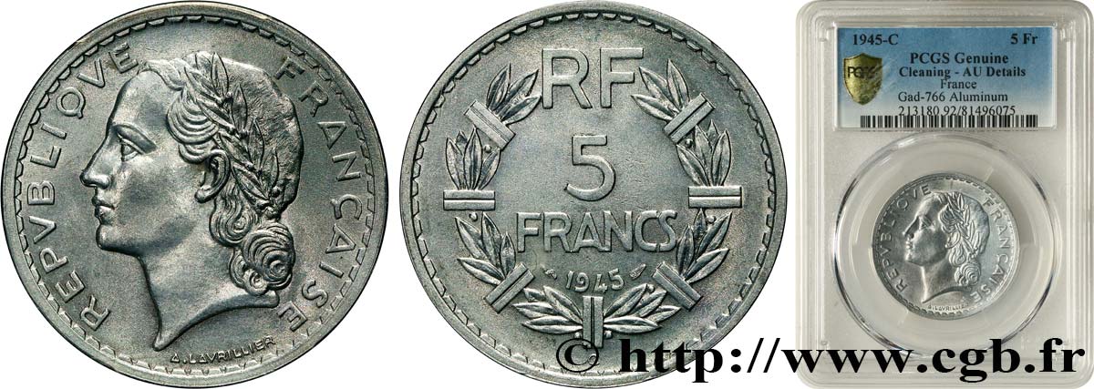 5 francs Lavrillier, aluminium 1945 Castelsarrasin F.339/5 VZ PCGS