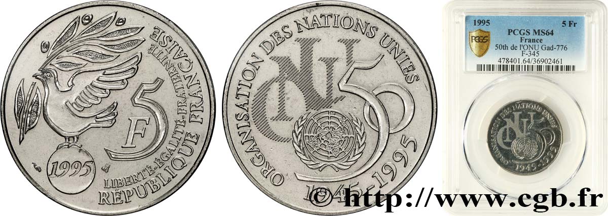 5 francs Cinquantenaire de l’ONU 1995 Pessac F.345/1 SPL64 PCGS