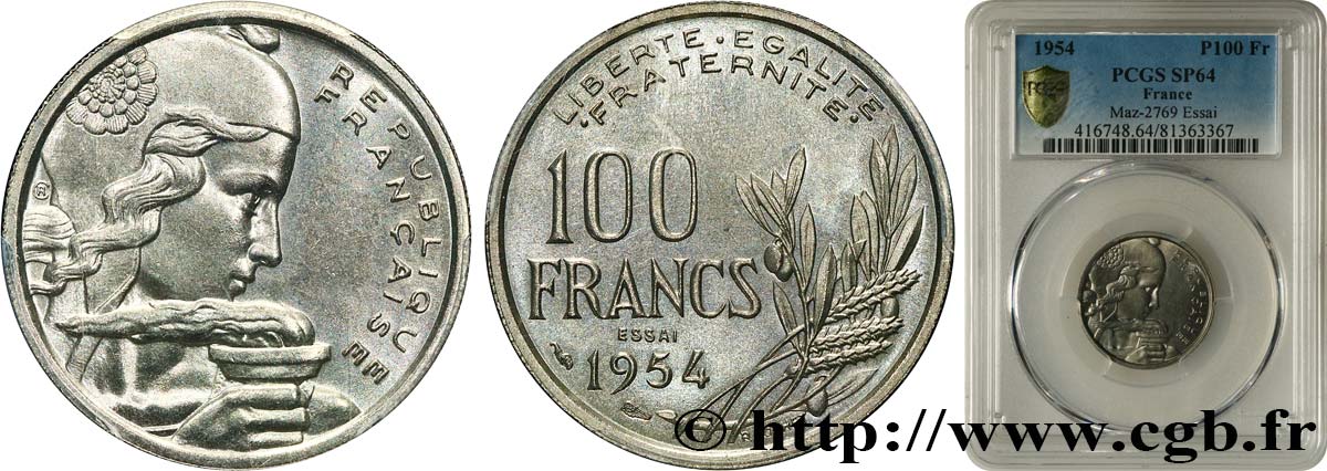 Essai de 100 francs Cochet 1954 Paris F.450/1 SC64 PCGS