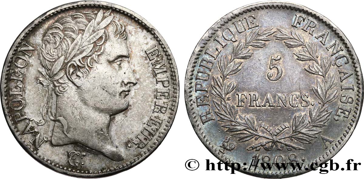 5 francs Napoléon Empereur, République française 1808 Paris F.306/2 AU 