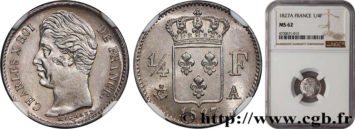 1/4 franc Charles X 1827 Paris F.164/10 EBC62 NGC