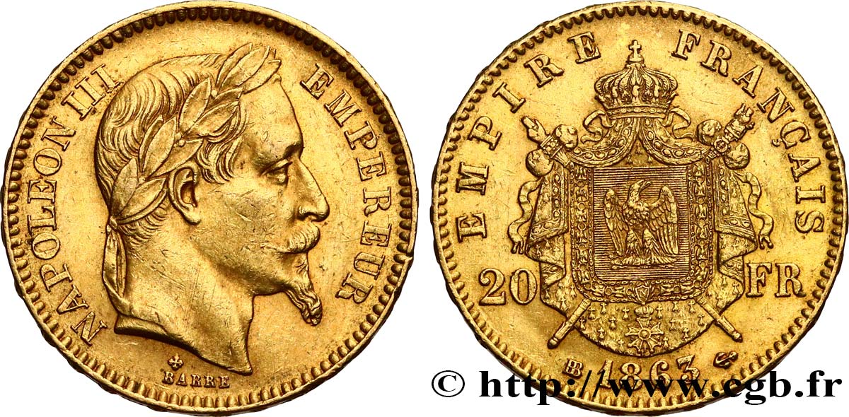 20 francs or Napoléon III, tête laurée 1863 Strasbourg F.532/7 TTB53 
