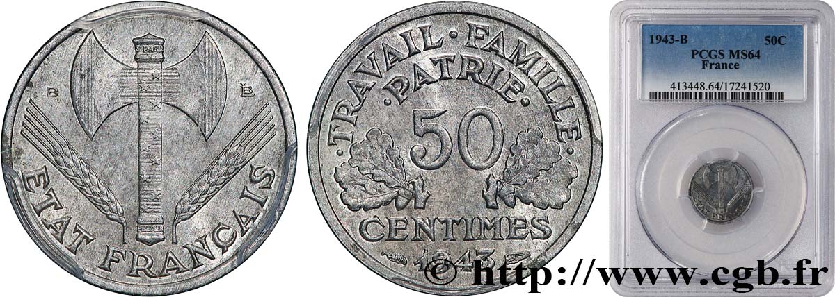 50 centimes Francisque, légère 1943 Beaumont-Le-Roger F.196/2 SPL64 PCGS