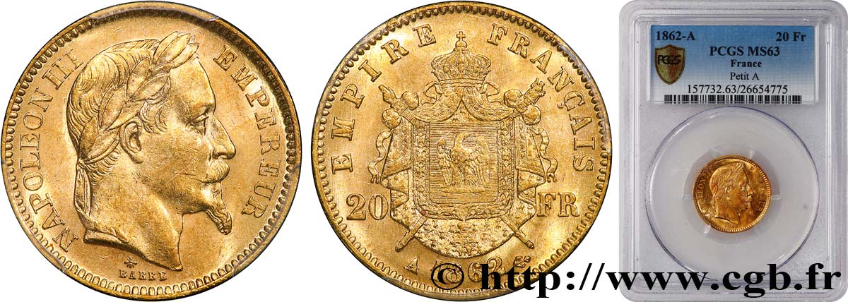 20 francs or Napoléon III, tête laurée 1862 Paris F.532/3 SPL63 PCGS