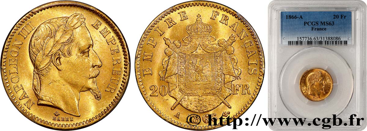 20 francs or Napoléon III, tête laurée 1866 Paris F.532/13 MS63 PCGS