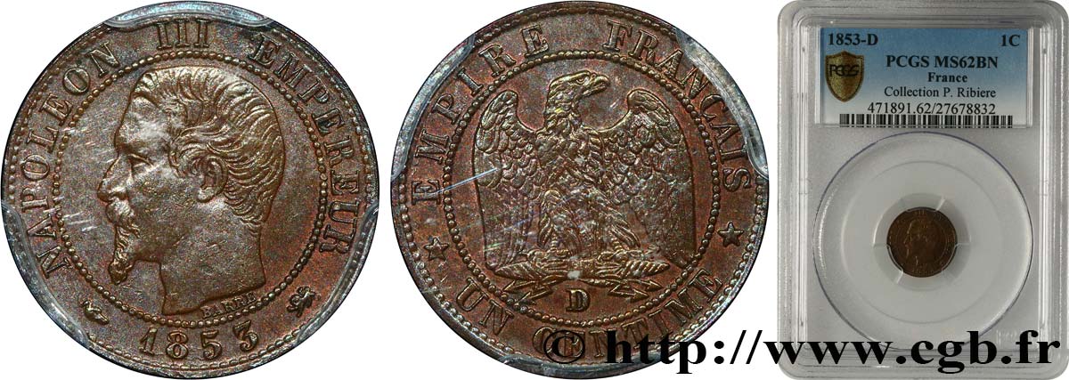 Un centime Napoléon III, tête nue 1853 Lyon F.102/4 EBC62 PCGS